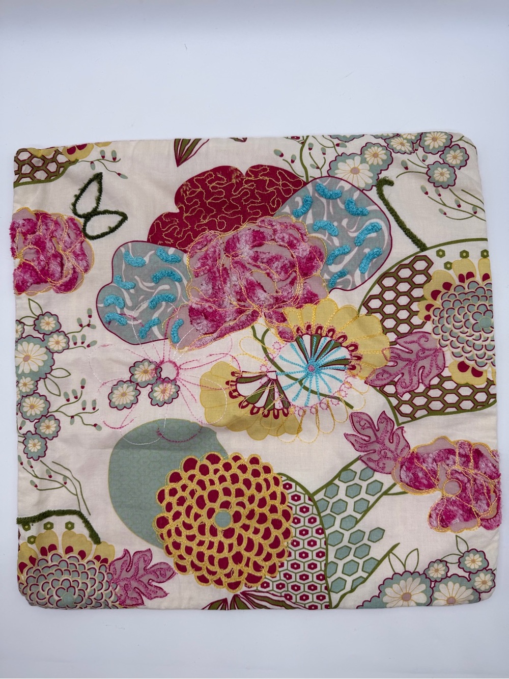Pier 1 Embroidered 3D Accent Floral Pillow Cover Case 15 x 15 Back Zipper